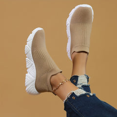 Khaki Slip On Socks Shoes Thick Bottom Breathable Running Shoes