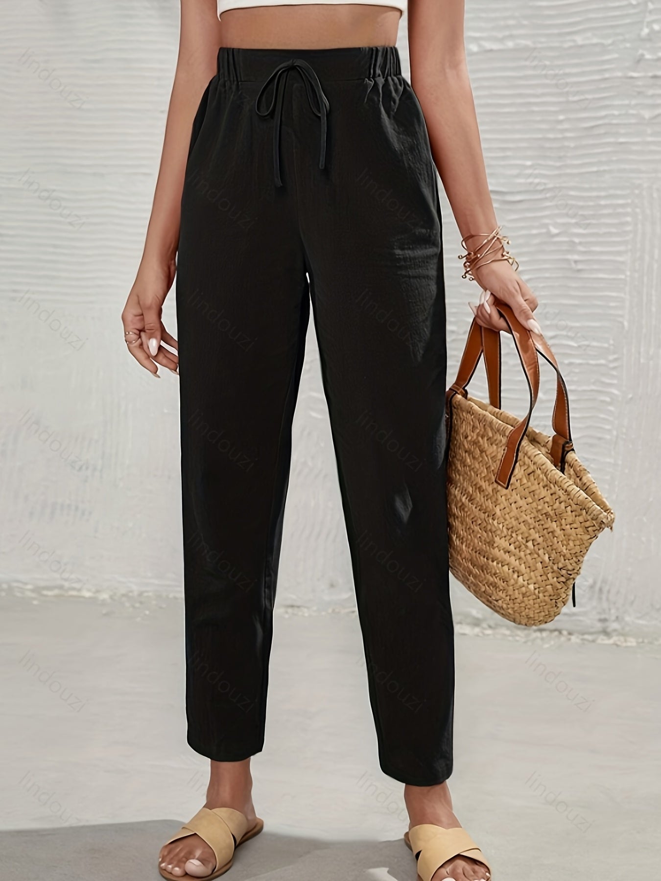 Drawstring Waist Solid Pants Casual Women's Clothing