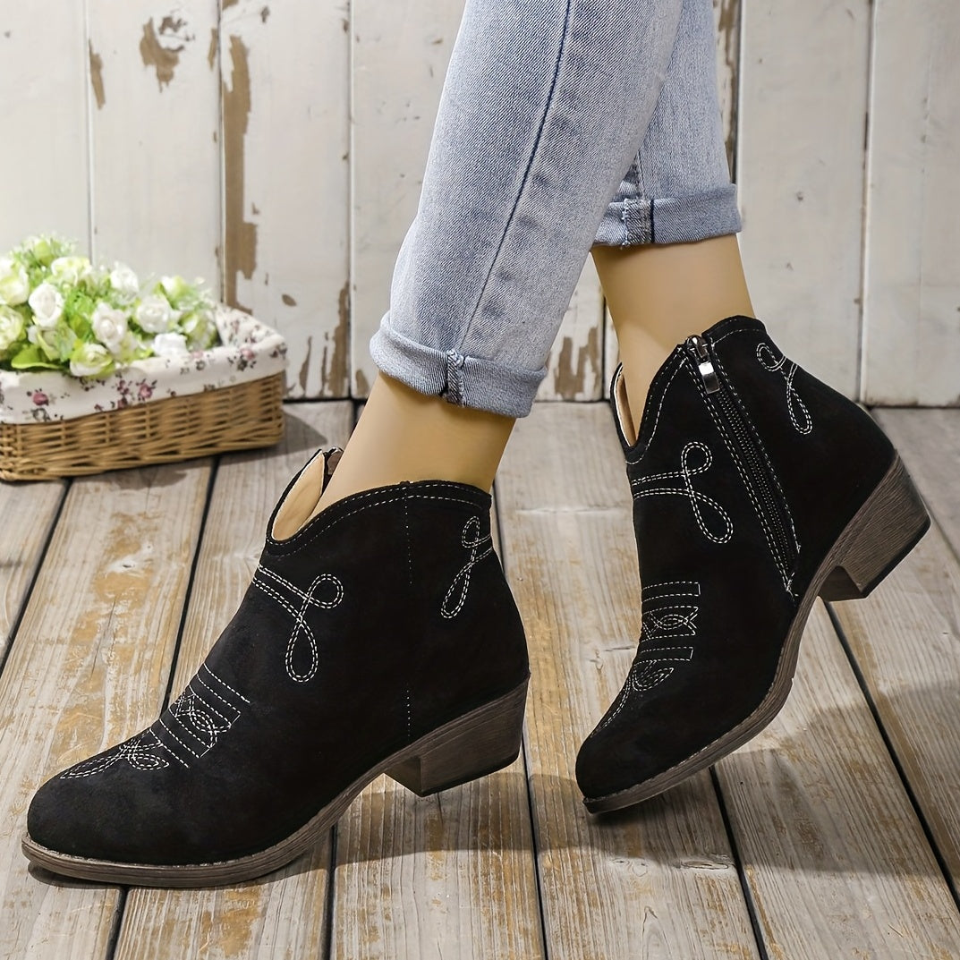 Embroidered Western Ankle Boots V Cut Side Zipper Low Heels Pointed Toe Cowgirl