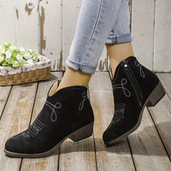 Embroidered Western Ankle Boots V Cut Side Zipper Low Heels Pointed Toe Cowgirl