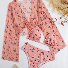 3pcs Plus Size Floral Print Bikini Set & Cover Up Tops Women's Plus Swimsuit Set