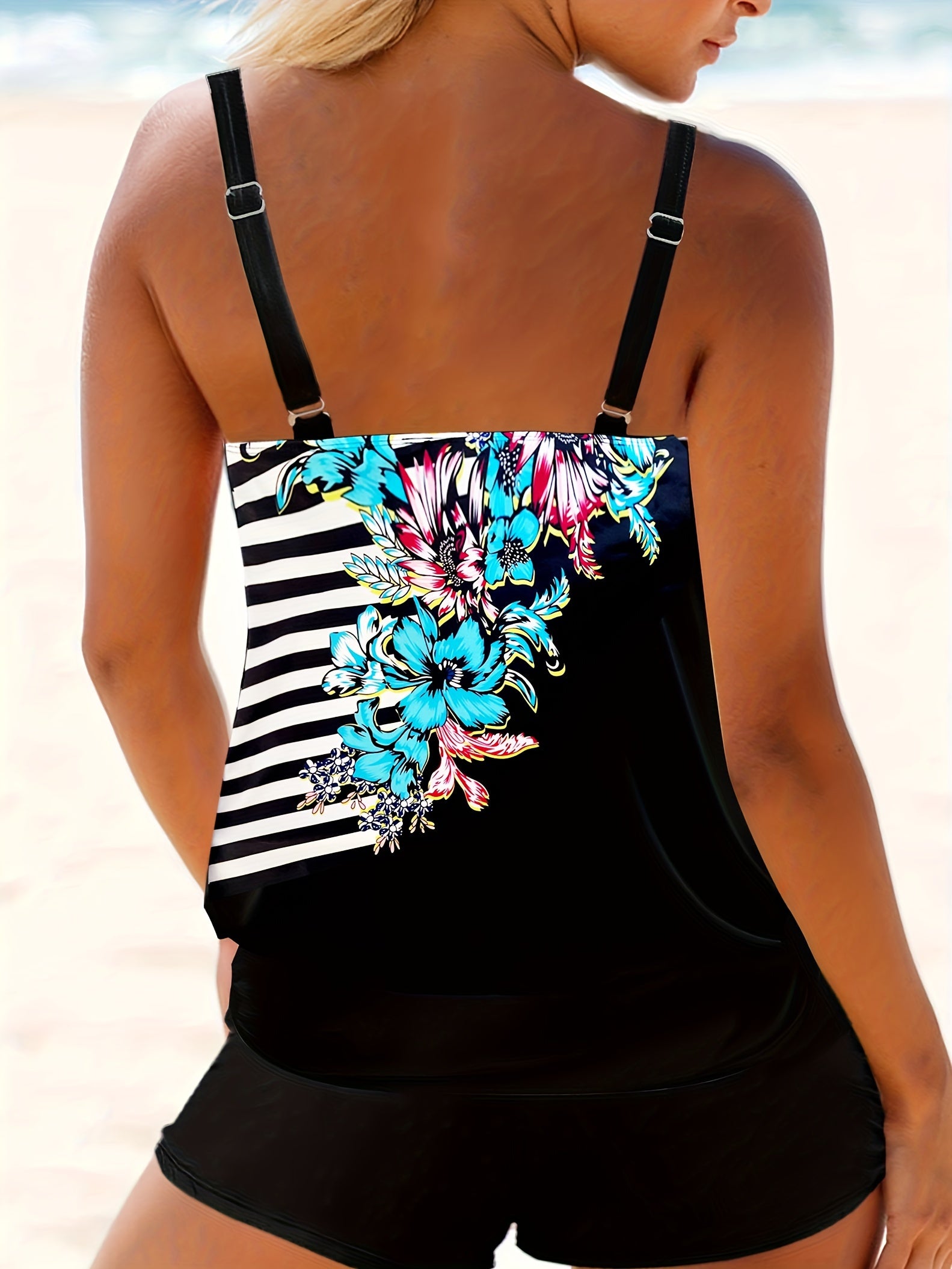 Floral & Striped Print Tankini Set
