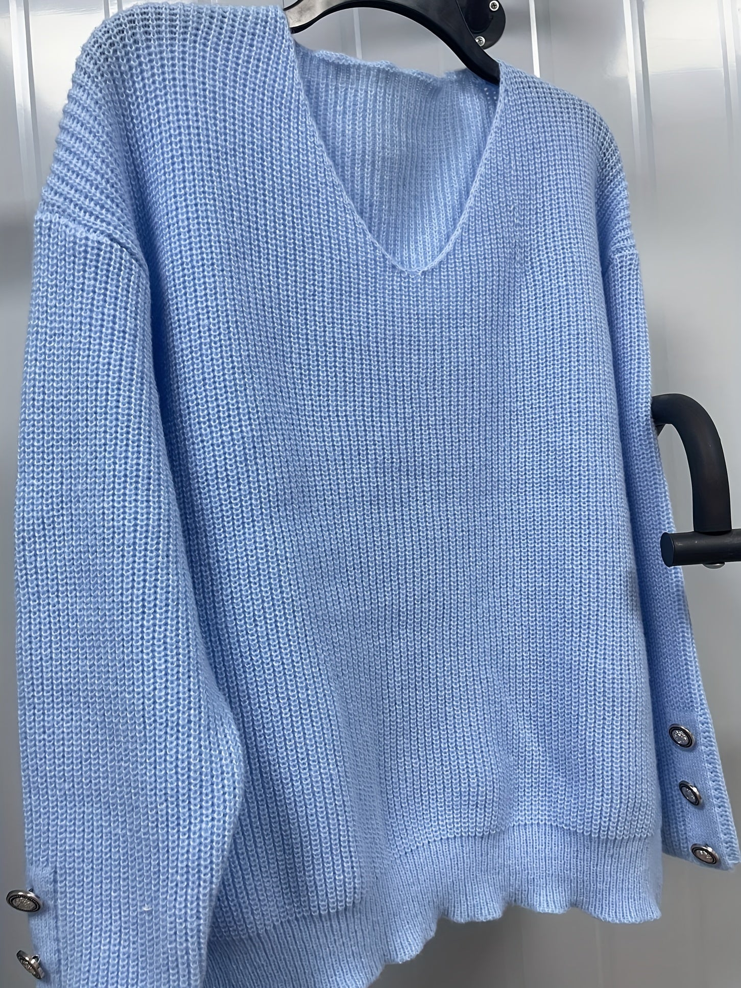 Casual V Neck Sweater - Button Decor Long Sleeve Jumper