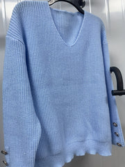 Casual V Neck Sweater - Button Decor Long Sleeve Jumper