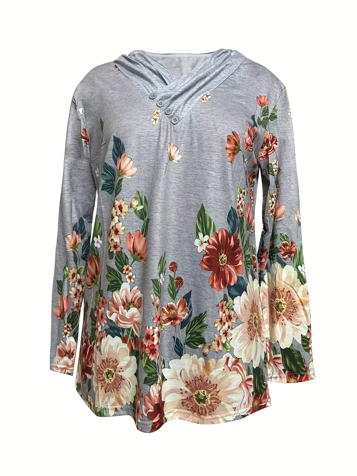 Floral Print Button Front Sweatshirt V Neck Long Sleeve