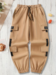 Boys Casual Cargo Pants Elastic Waist Drawstring Jogger Pants