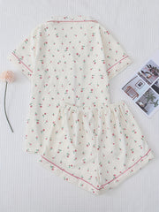 Floral Print Pajamas Set Short Sleeve Top & Bow Shorts