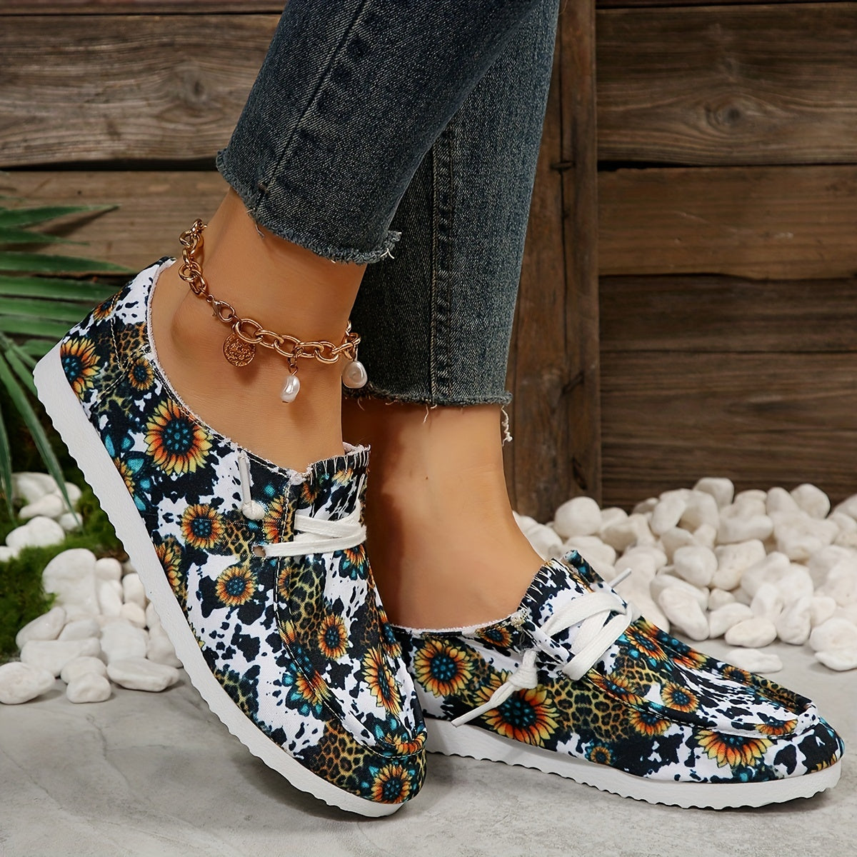 Women's Sunflower Print Canvas Shoes Casual Lace Up Outdoor Shoes