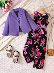 Girl's Blazer & Floral Overalls Set for Spring Summer