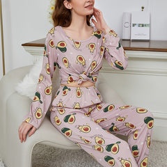 Avocado Print Pajama Set Long Sleeve Top & Pants Women's Sleepwear