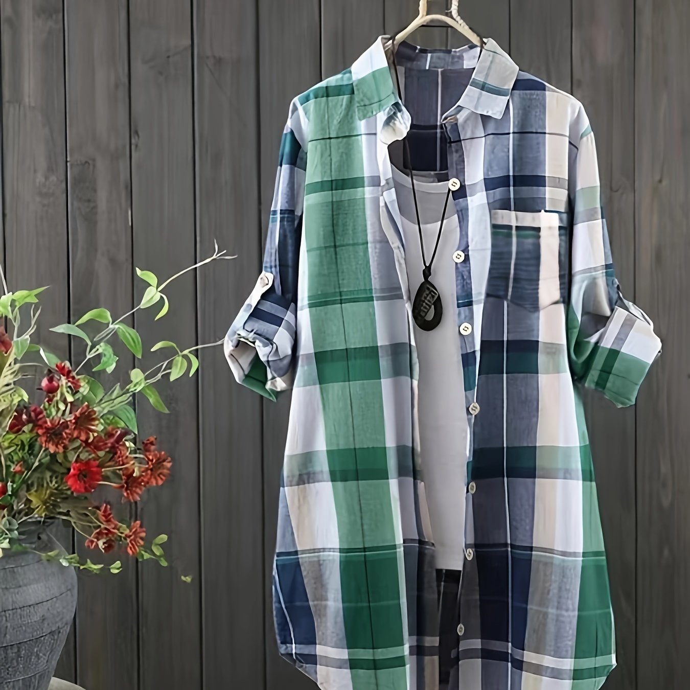 Plaid Print Long Sleeve Button Up Tunic Shirt