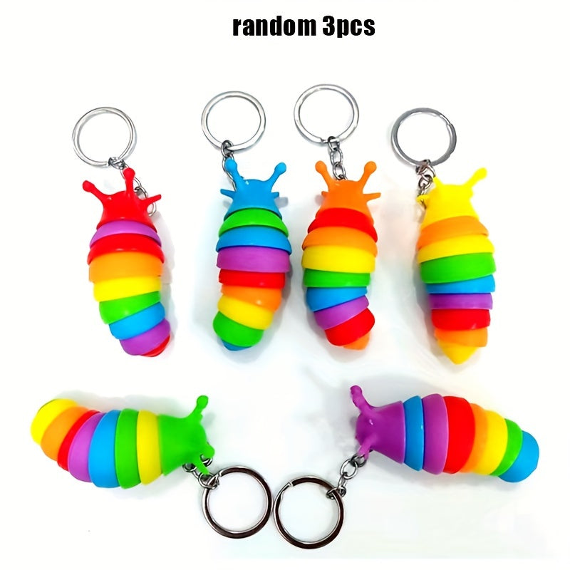 3pcs Fidget Slug Key Chain Toys 3D Articulated Stress Relief Flexible Hand Toy