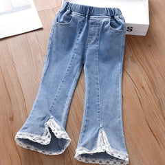 Girls Jeans Lace Cuffs Bell Bottom Pants for Spring/Autumn