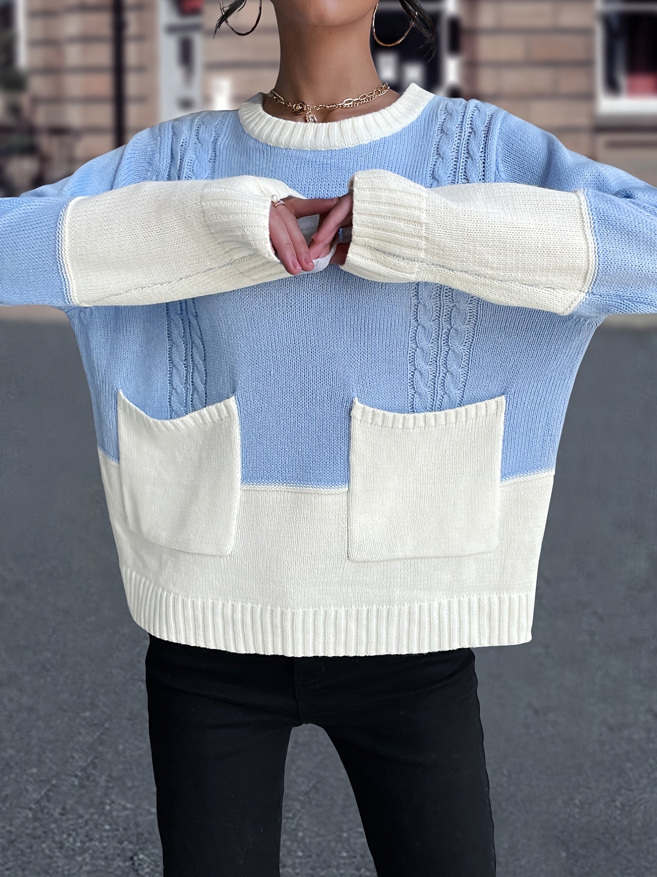Colorblock Crew Neck Pocket Sweater Loose Long Sleeve Knit Fall Winter