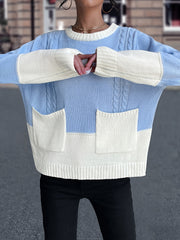 Colorblock Crew Neck Pocket Sweater Loose Long Sleeve Knit Fall Winter