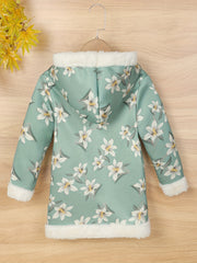 Girls Flower Print Fleece Hooded Coat Jacket, Warm for Autumn Winter