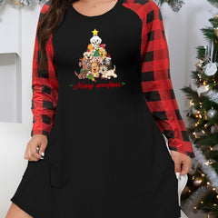 Plus Size Christmas Lounge Dress with Tree & Puppies Plaid Nightdress
