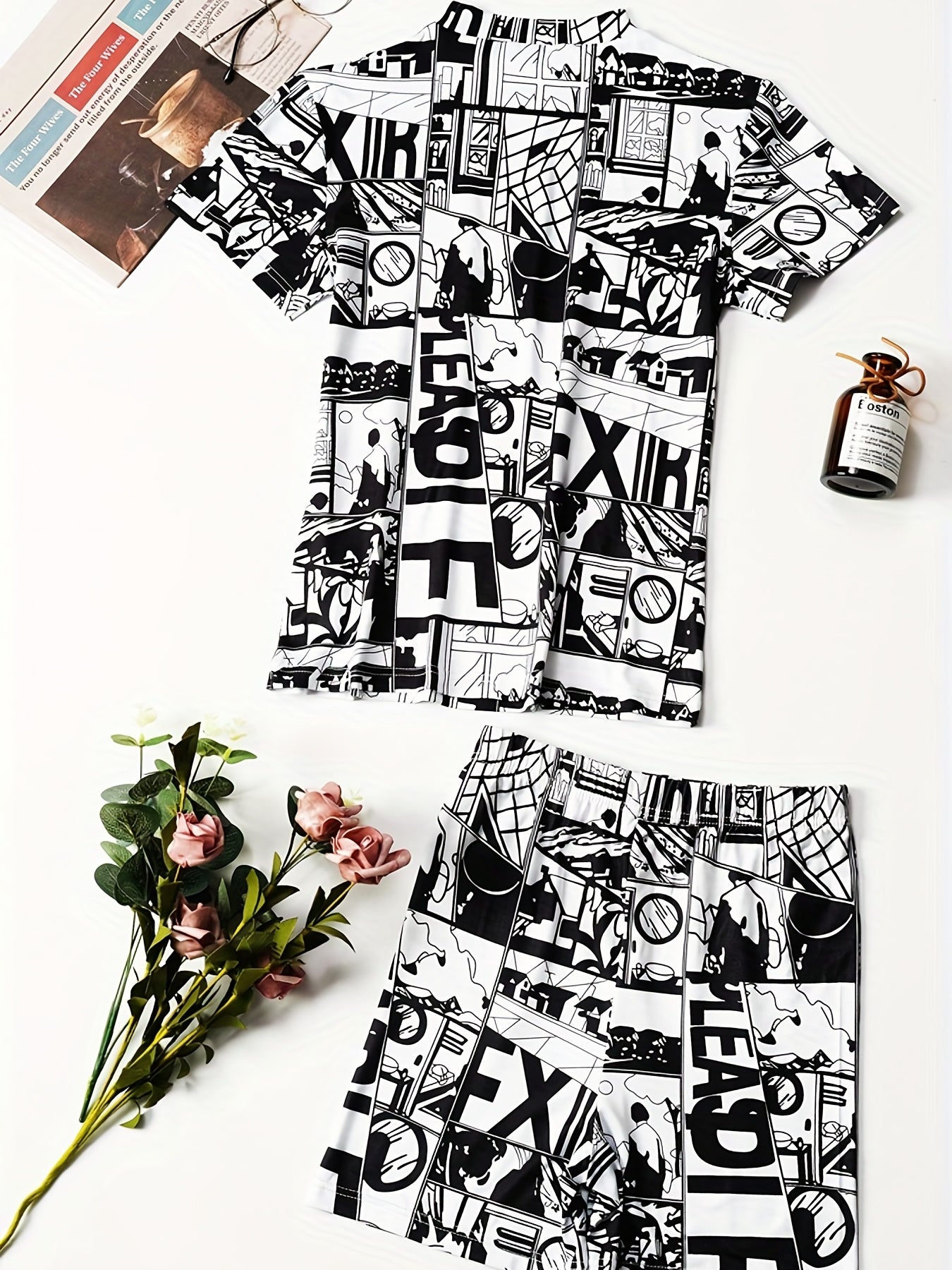 Anime Print Two piece Shorts Set Top & Casual Shorts