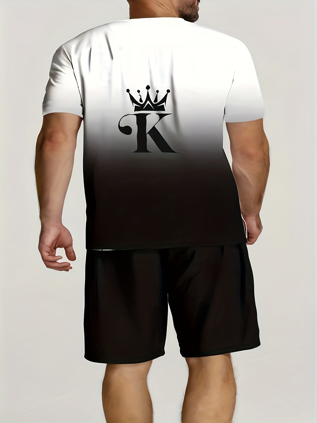 K&Crown Pattern Men's 2 Piece Outfits T-shirt & Drawstring Shorts Set