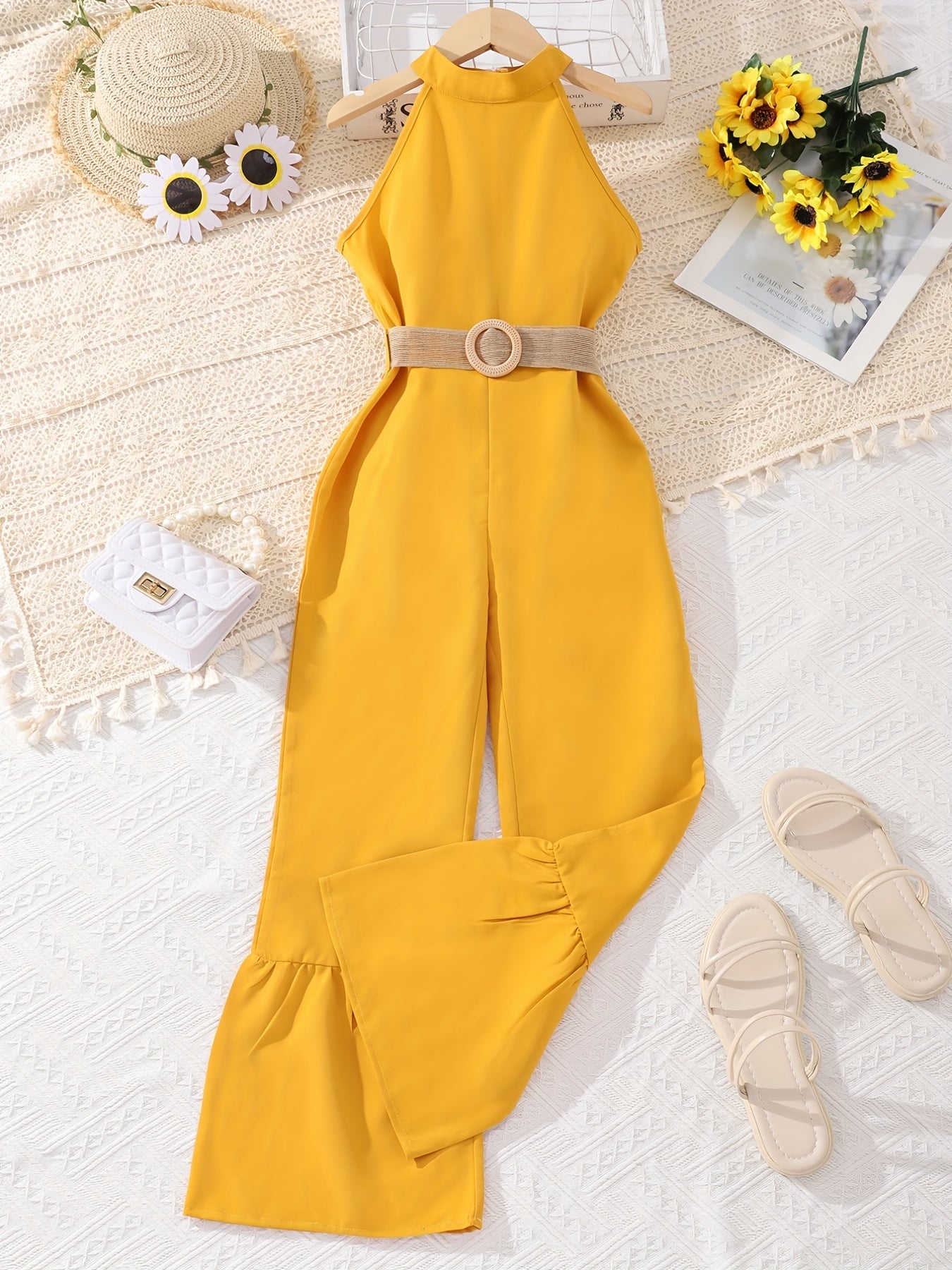 Girls' Bell Bottom Halter Jumpsuit with Belt