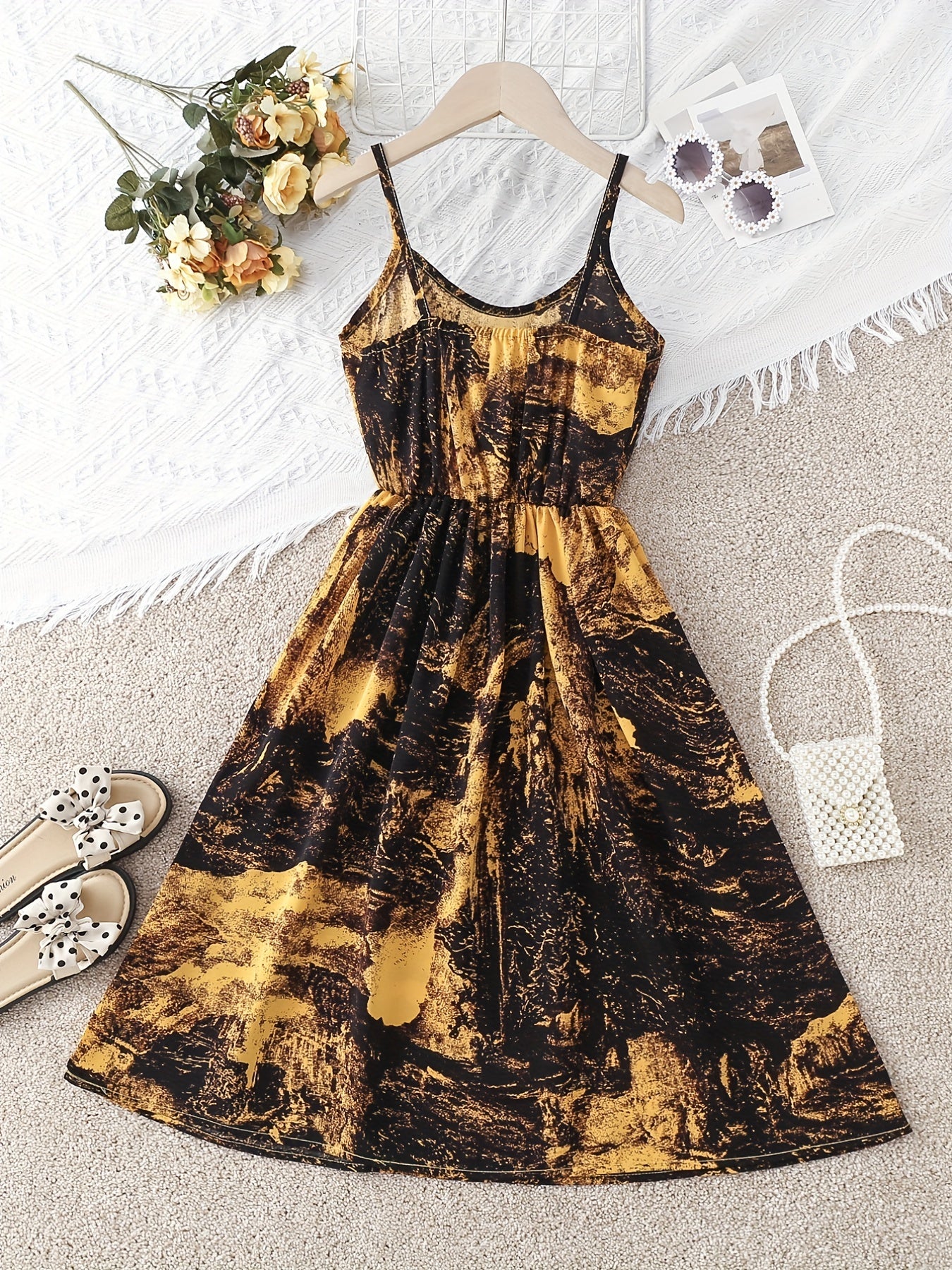Girls Tropical Leaves Print Summer Dress Elastic Waist A-line Swing Sundress