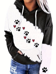 Paw & Heart Print Hoodie Drawstring Sweatshirt