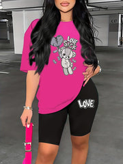 Bear & Letter Print Two piece Set Crew Neck Short Sleeve Tops & Slim Shorts