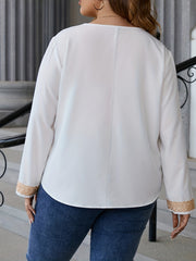 Colorblock Lace Long Sleeve V Neck Casual Blouse