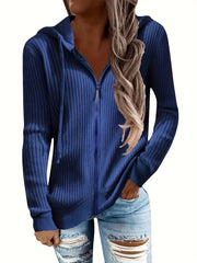 Casual Knit Top Women's Plus Solid Ribbed Zip Up Long Sleeve