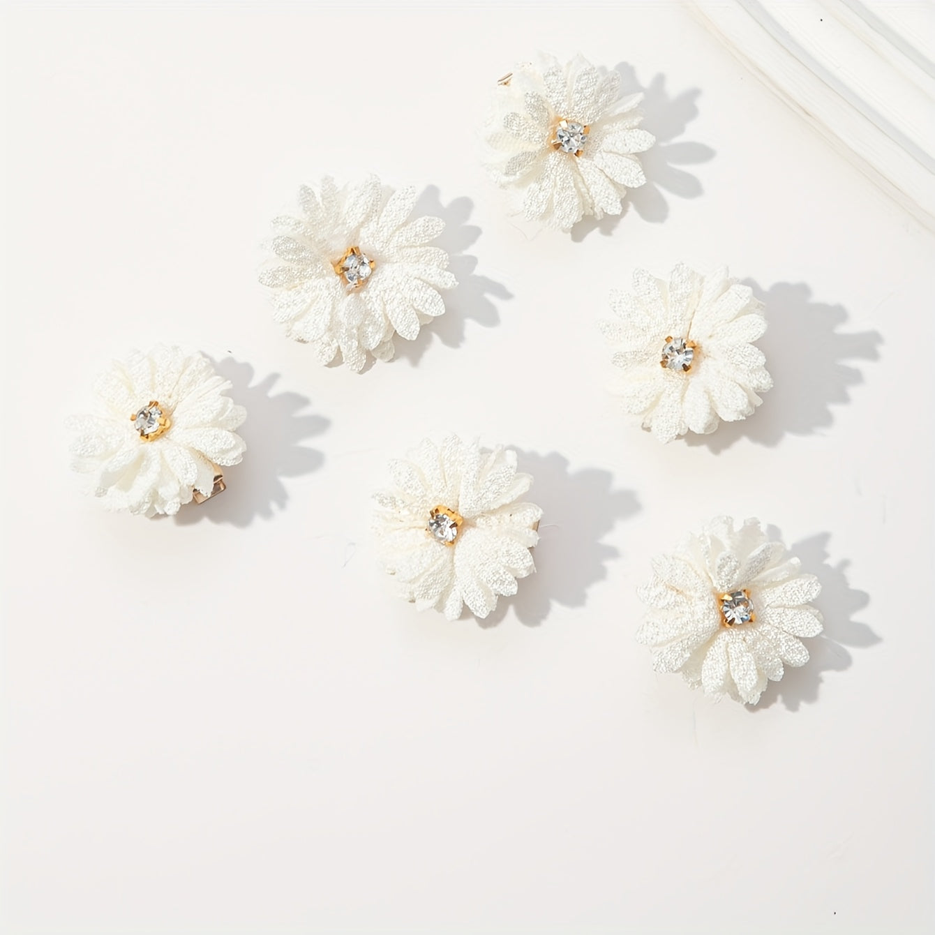 6 Pack Fabric Flower Hair Clips Set with Rhinestones