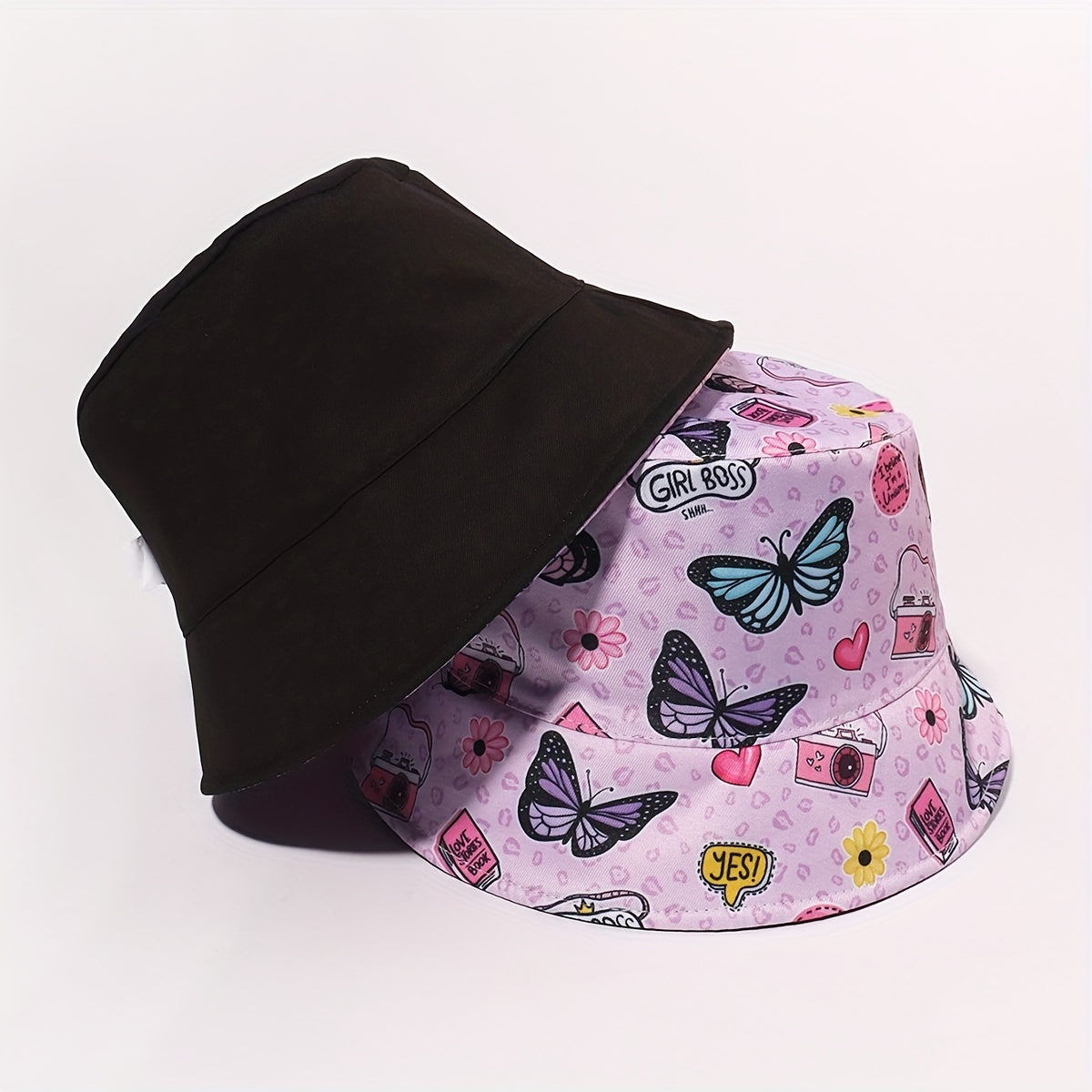 Pink Butterfly Print Reversible Bucket Hat Women Cloche Hat