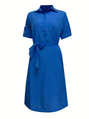 Women's Solid Polo Neck Midi Dress With Belt