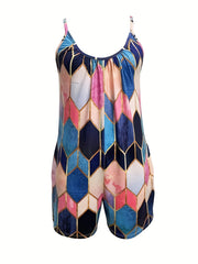 Colorblock Geometric Print Cami Romper