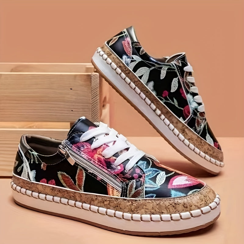 Floral Print Flat Sneakers Lace Up Low Top PU Leather Walking Shoes