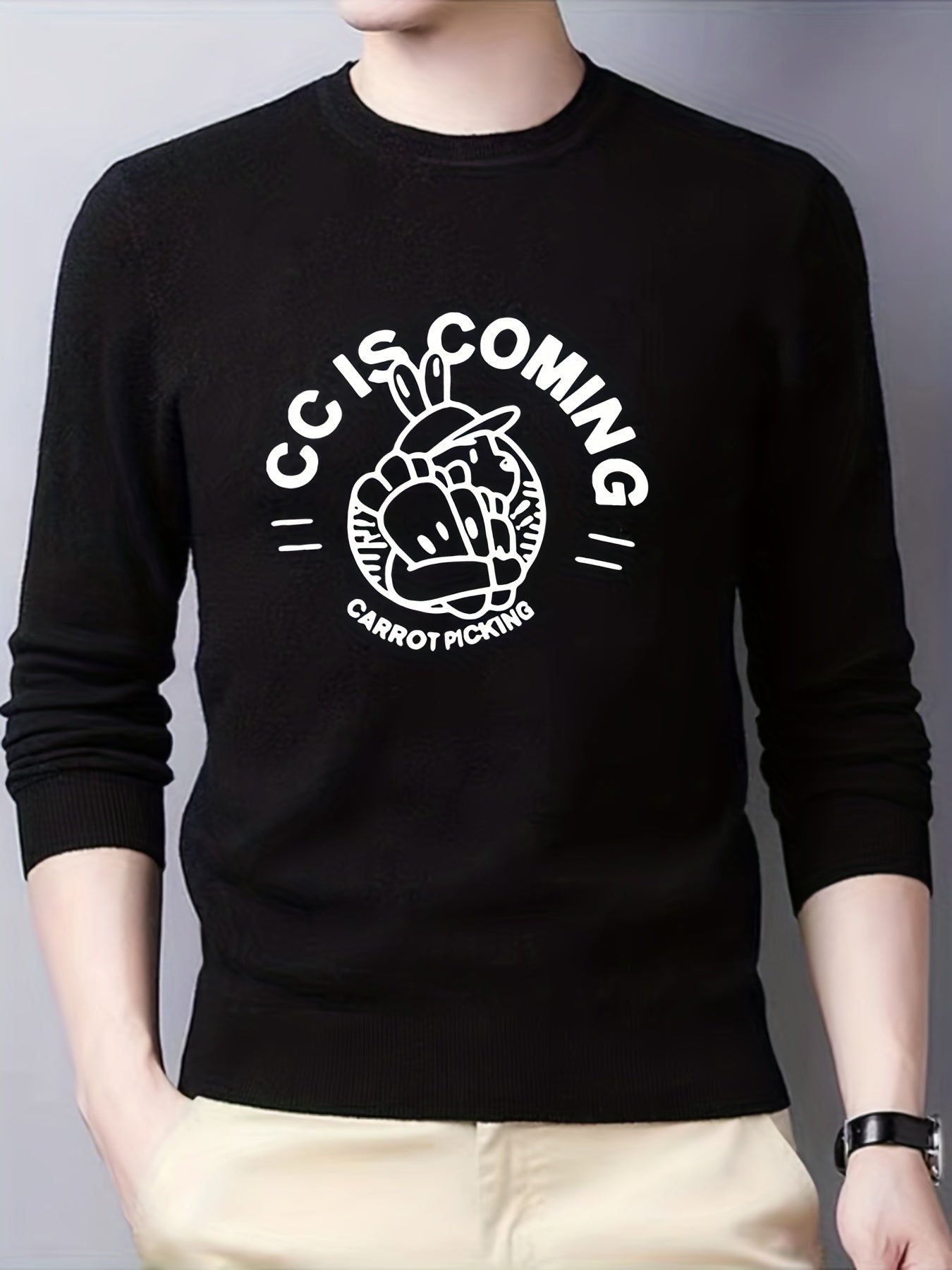 Cartoon Rabbit Print Knit Sweater Men's Crew Neck Pullover