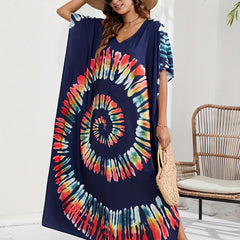 Boho Cover Up Spiral Tie Dye Batwing Sleeve V Neck Split