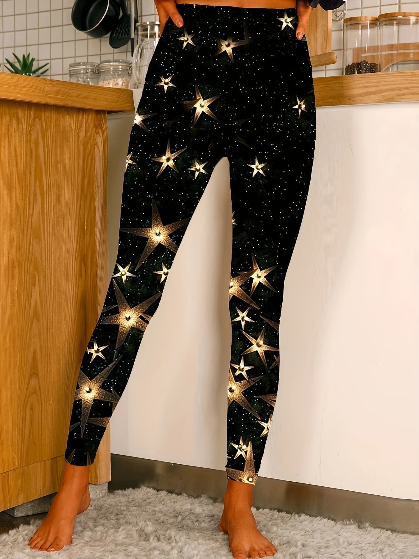 Glitter Star Print High Rise Leggings