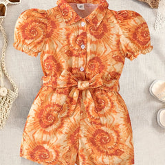 Girls Tie Dye Full Print Button Down Short Sleeve Romper Kids Jumpsuit