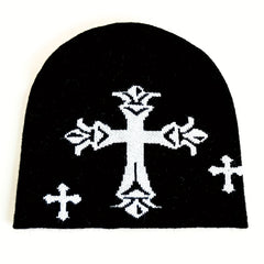 Gothic Cross Jacquard Beanie Vintage Unisex Warm Knit Hat