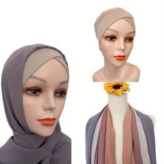 2pcs Soft Chiffon Scarf & Inner Cap Set Solid Turban Head Wrap Shawl