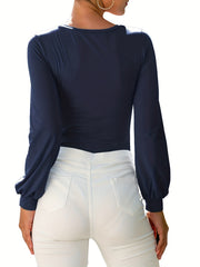 Solid Bodysuit Lantern Sleeve V Neck Casual One Piece Bodysuit