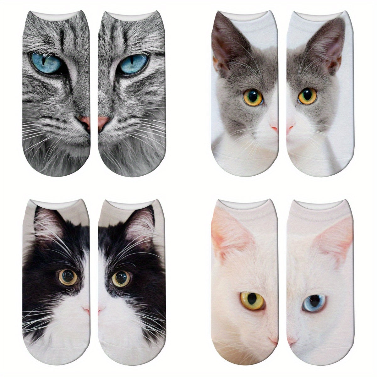 4 Pairs Cat Print Socks Low Cut Women's Stockings Hosiery