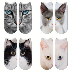 4 Pairs Cat Print Socks Low Cut Women's Stockings Hosiery