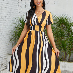 Striped Shirred Waist Dress V Neck Short Sleeve Women's Clothing