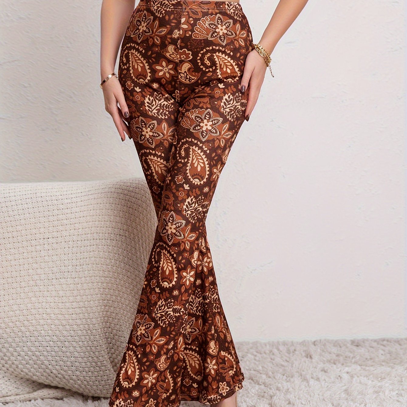 Paisley & Flower Print Yoga Pants Flare Leg Bell Bottom Activewear