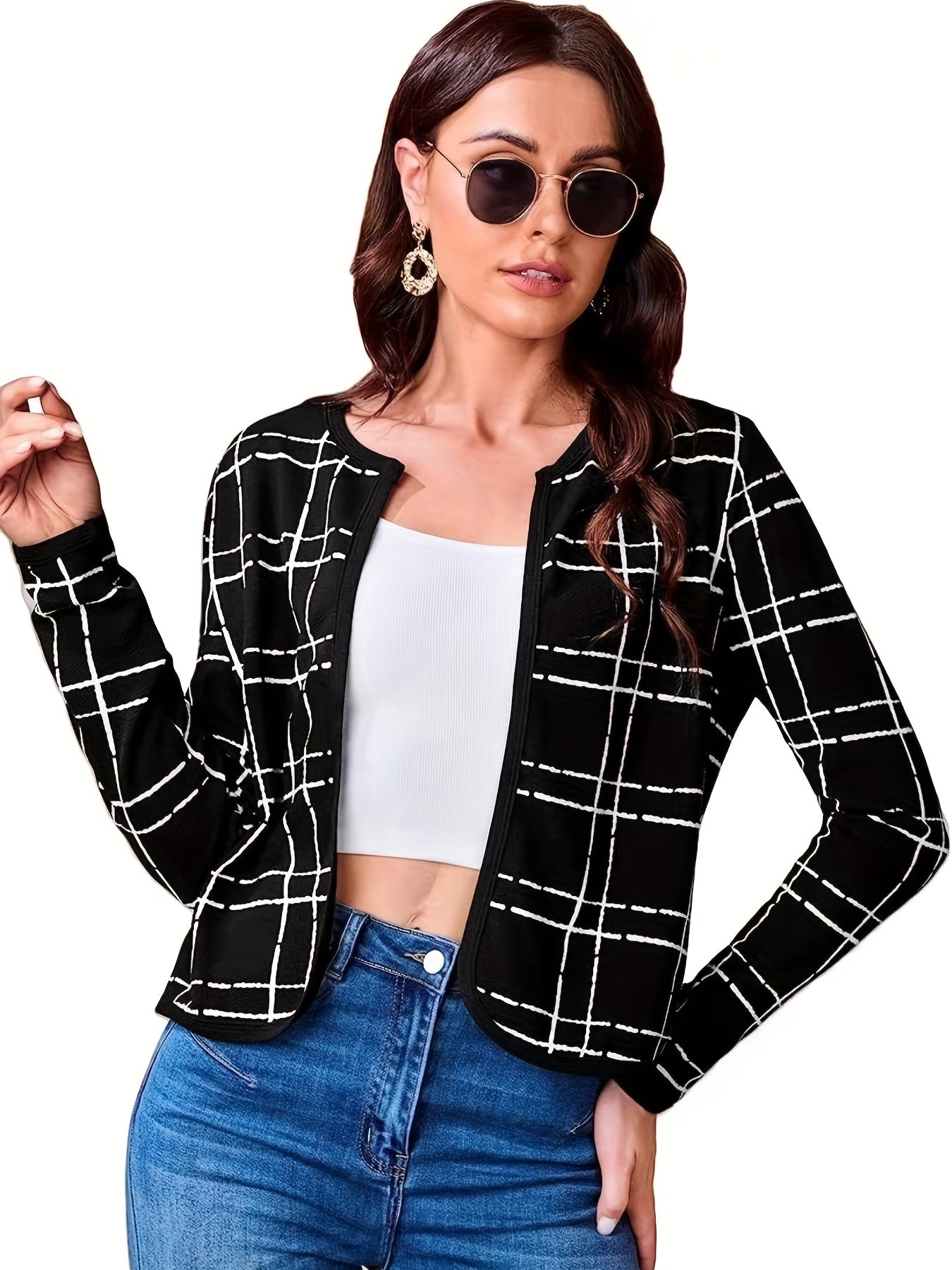 Plaid Print Cropped Jacket Open Front Long Sleeve
