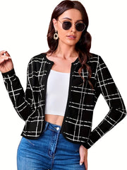 Plaid Print Cropped Jacket Open Front Long Sleeve