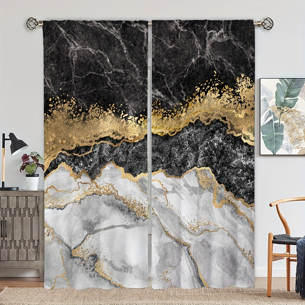 Marble Printed Window Curtain Grey Marble Pattern Rod Pocket Window Drapes