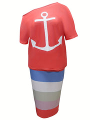 Women's Plus Anchor One Shoulder Top & Skirt 2 Piece Set