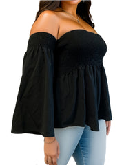 Sexy Blouse Women's Plus Solid Off Shoulder Bell Sleeve Top